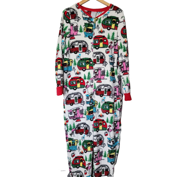 Christmas RV Flamingo Fleece Pajamas Women L Cozy Drink Pockets Secret Treasures - Picture 1 of 9
